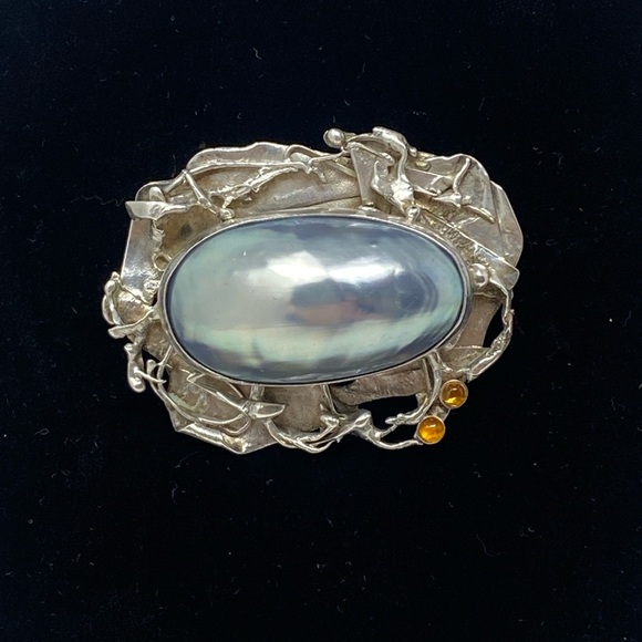 Antique 925 Sterling Silver brooch W/Mother Of Pearl And Amber - Picture 2 of 13